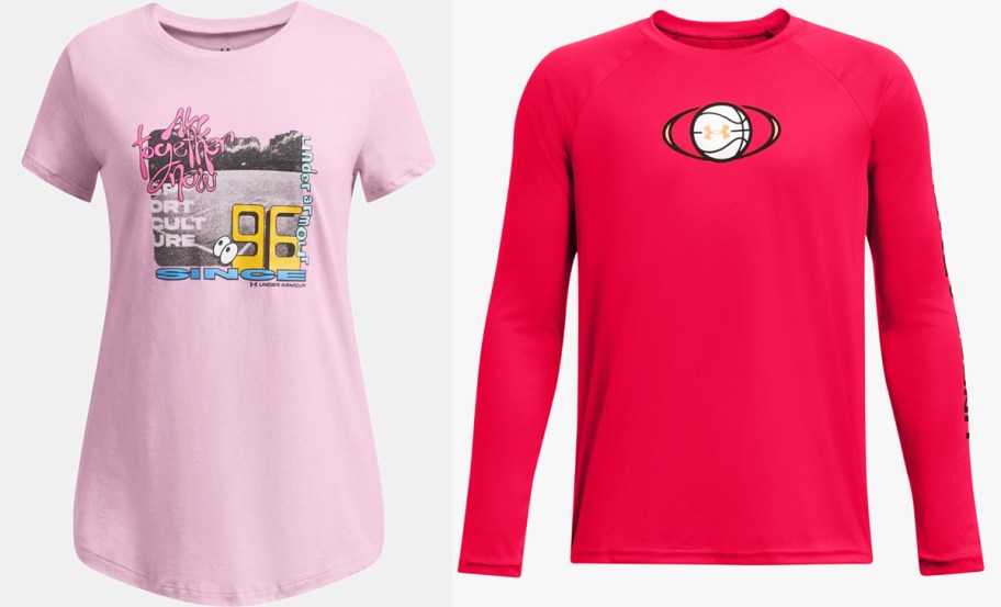 pink short sleeve and red long sleeve tees