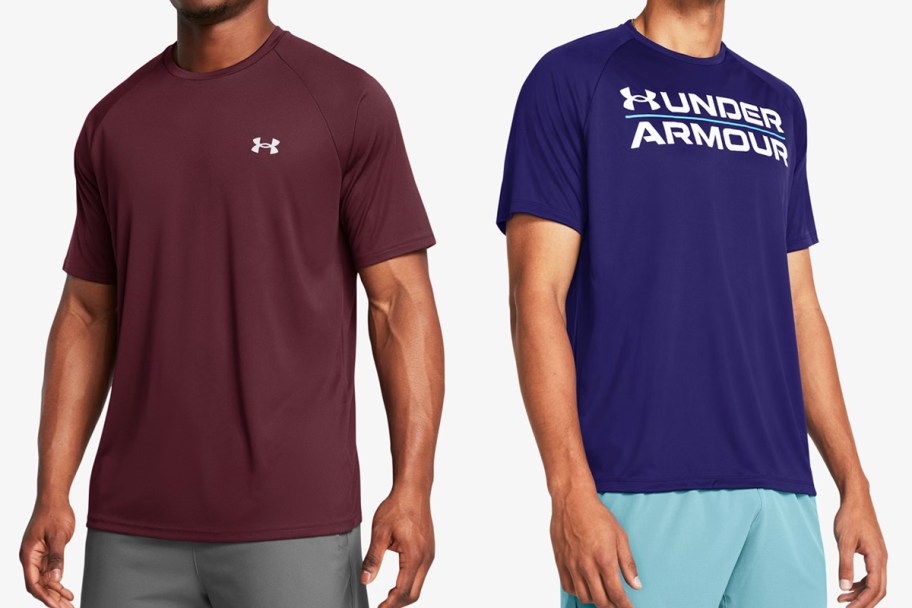 men in maroon and blue under armour shirts