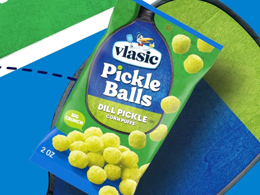 bag of Vlasic Pickle Balls on a pickleball paddle