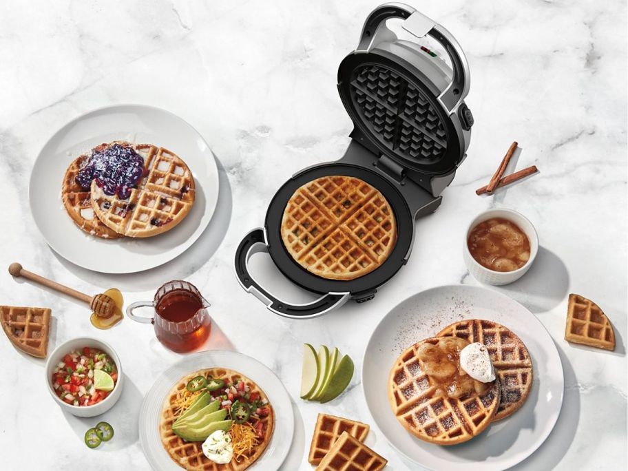 Waffles displayed on the table with items on it