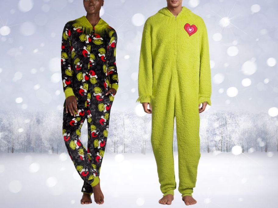 2 people wearing Grinch union suits