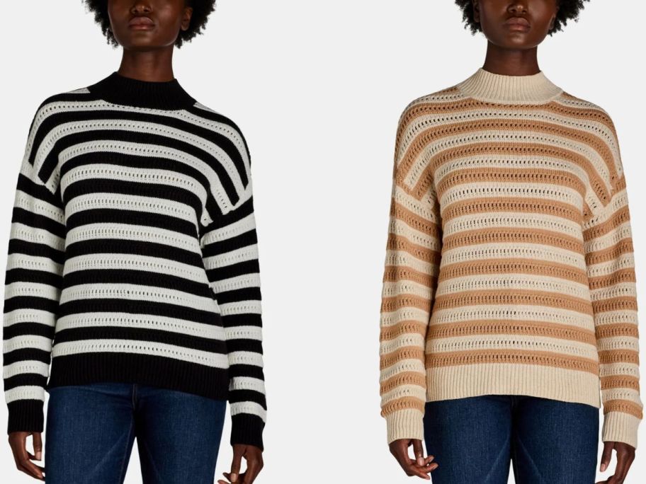 Time and Tru Women's Striped Mock Neck Sweater