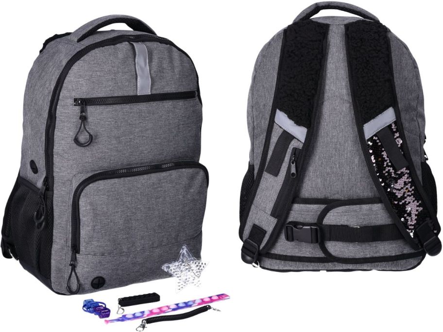 Front and back view of a Wonder Nation backpack with sensory toys