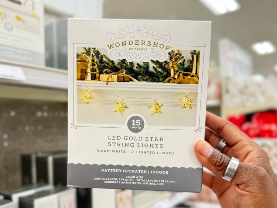 Wondershop Christmas Gold Star Battery-Operated String Light box in hand in store