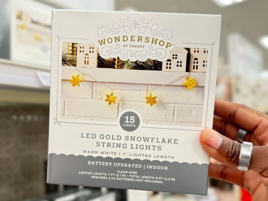 Wondershop Metal Christmas Snowflake Battery-Operated String Light box in hand in store