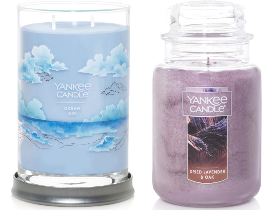 light blue and purple Yankee Candles