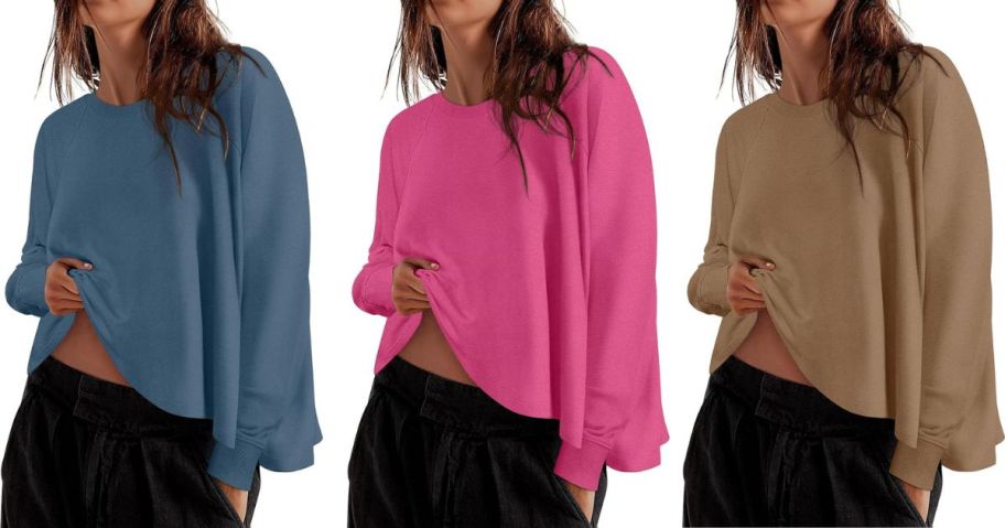 three women wearing ZESICA Women's Casual Long-Sleeve Lightweight Sweatshirts