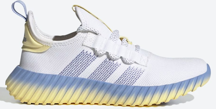 white, blue, and yellow adidas running shoe 