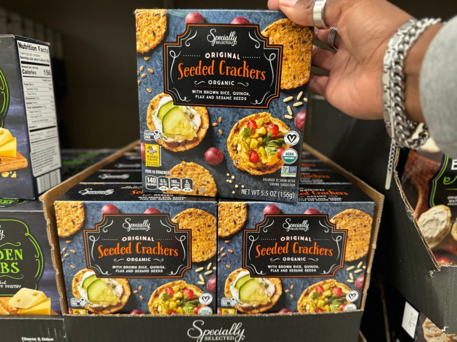 boxes of Specially Selected Seeded Crackers on an Aldi store shelf