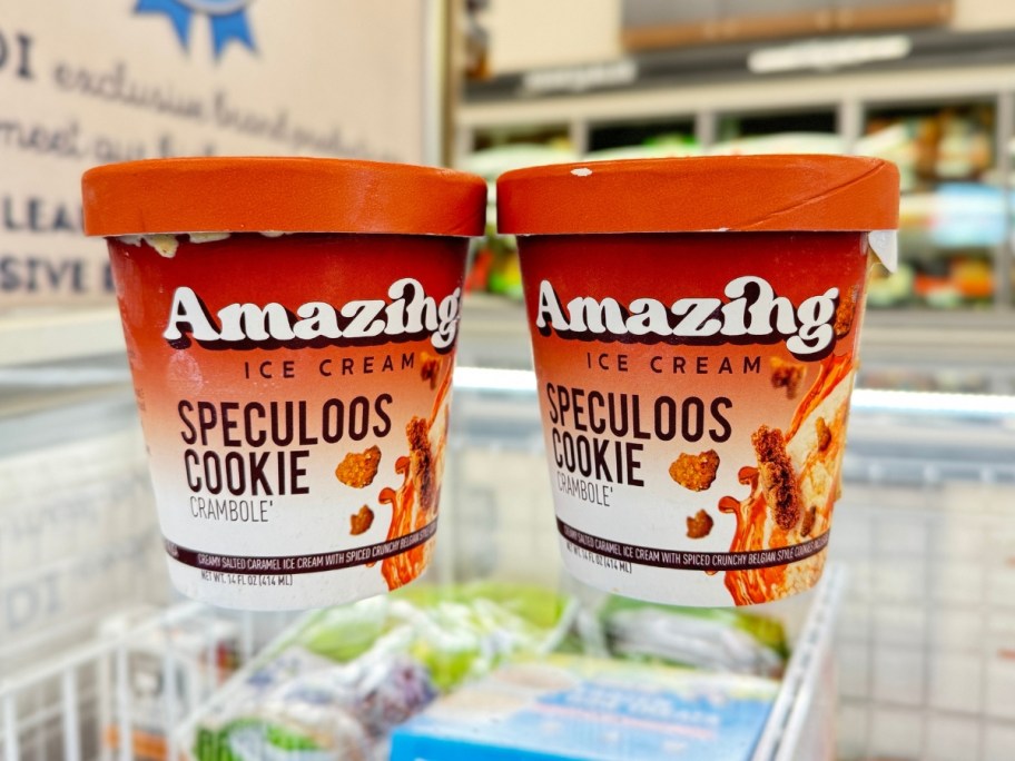 2 pint size ice cream cartons that say Amazing Ice Cream in Speculoos Cookie Flavor