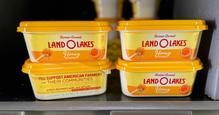 yellow and orange tubs of Land O Lakes Honey Butter