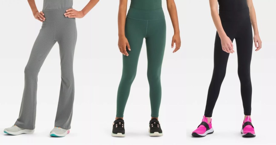 3 girls wearing different colors and styles of leggings