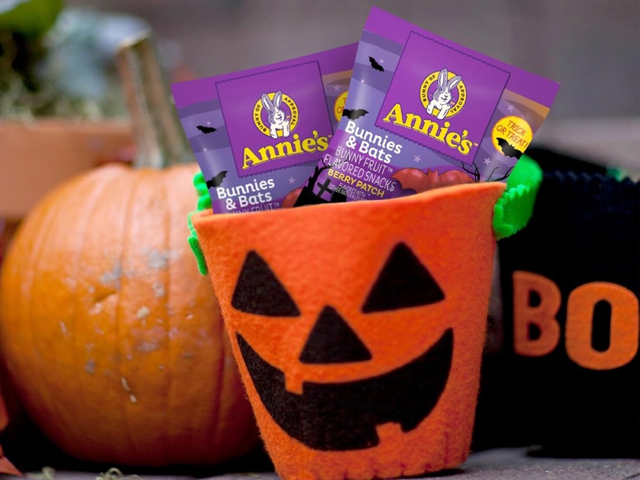 pumpkin bucket with annies fruit snacks inside