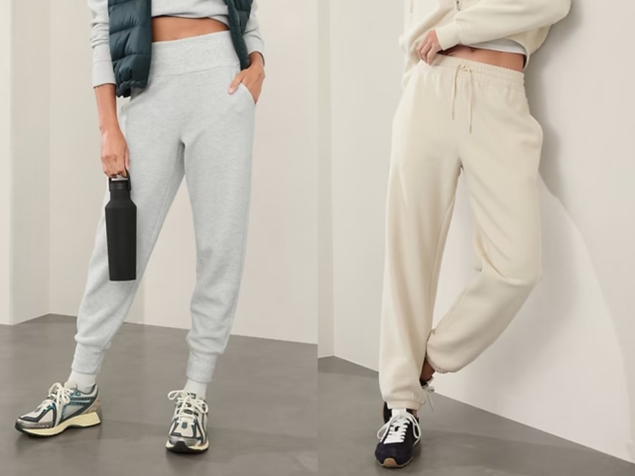 women wearing joggers, one in light grey, one in cream