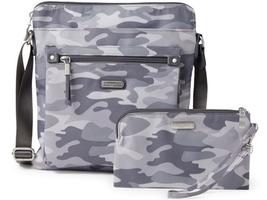 gray camo baggallini crossbody bag with wristlet 