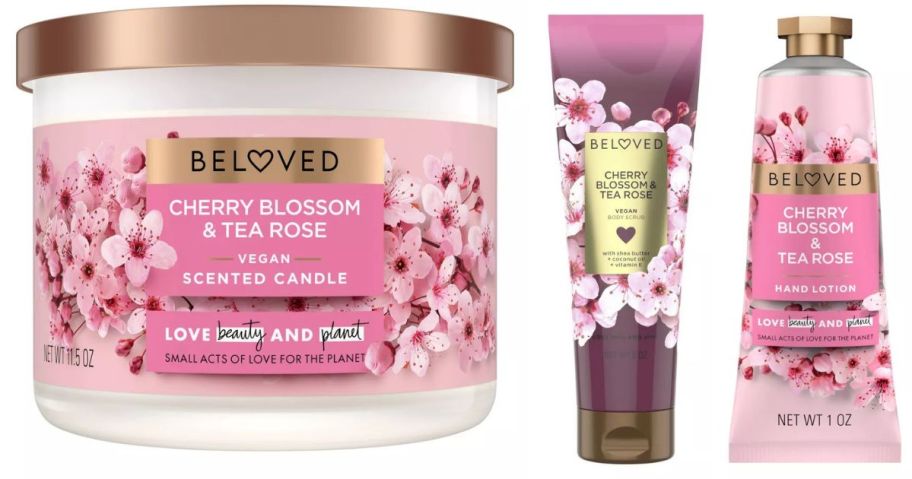 Beloved Cherry Blossom & Tea Rose candle, scrub, and lotion stock images
