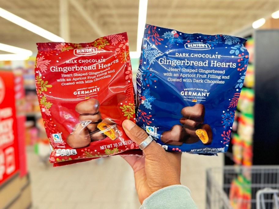 hand holding two bags of gingerbread hearts 