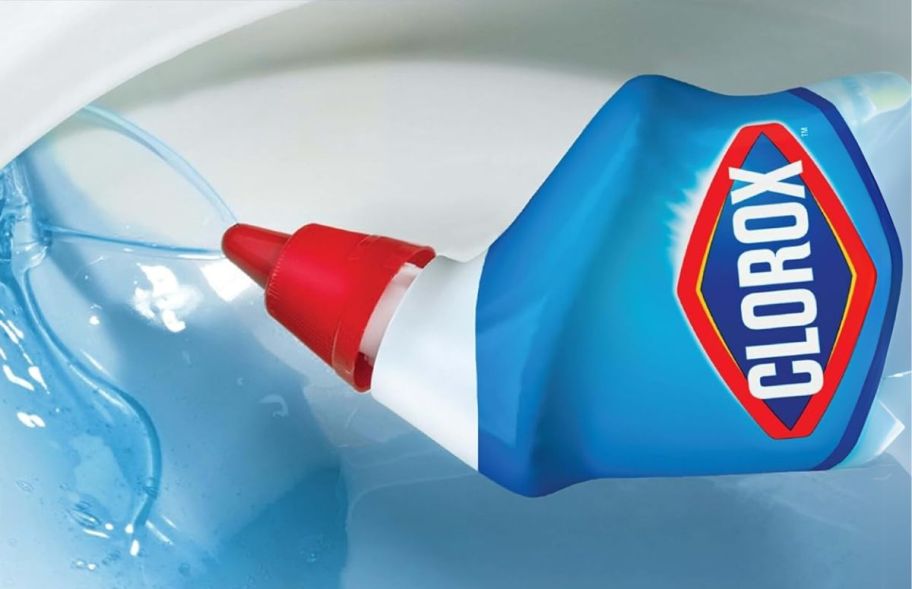 a bottle of clorox toilet bowl cleaner on its side with contents being squirted into a toilet bowl