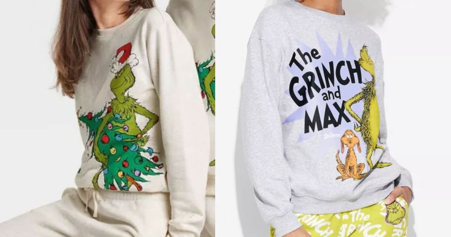 two women wearing grinch sweatshirts