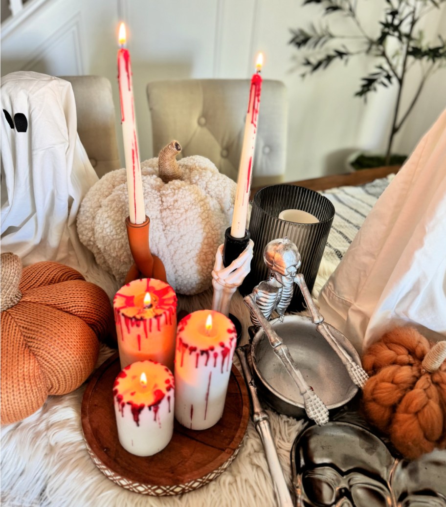 halloween table with blood candles 