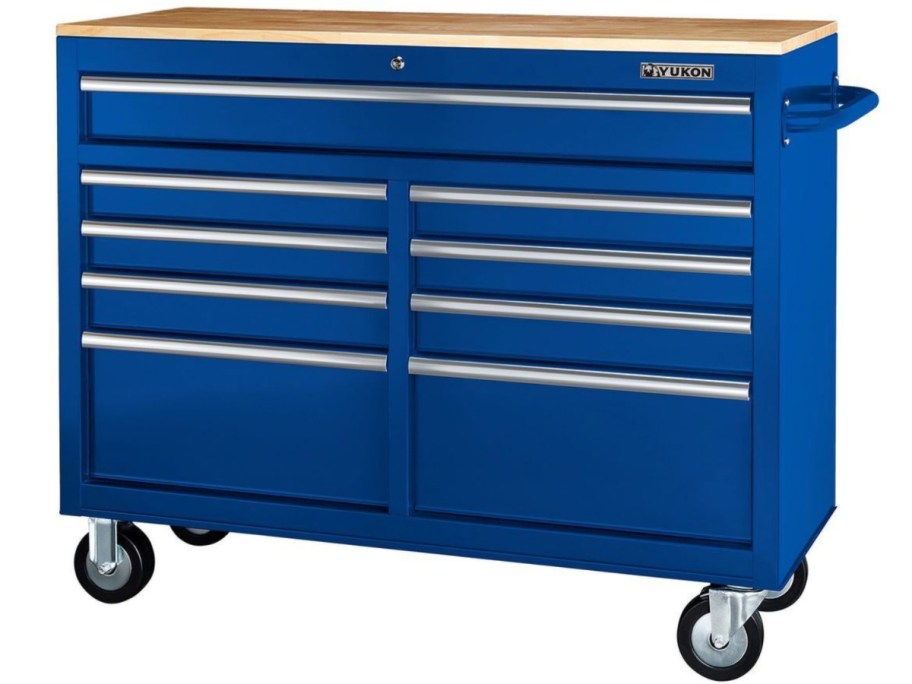 blue metal tool chest with wood top