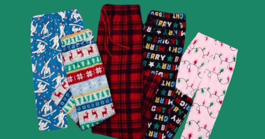 Christmas pajama pants in kids and adult sizes with plaids, christmas lights, fair aisle print, and more