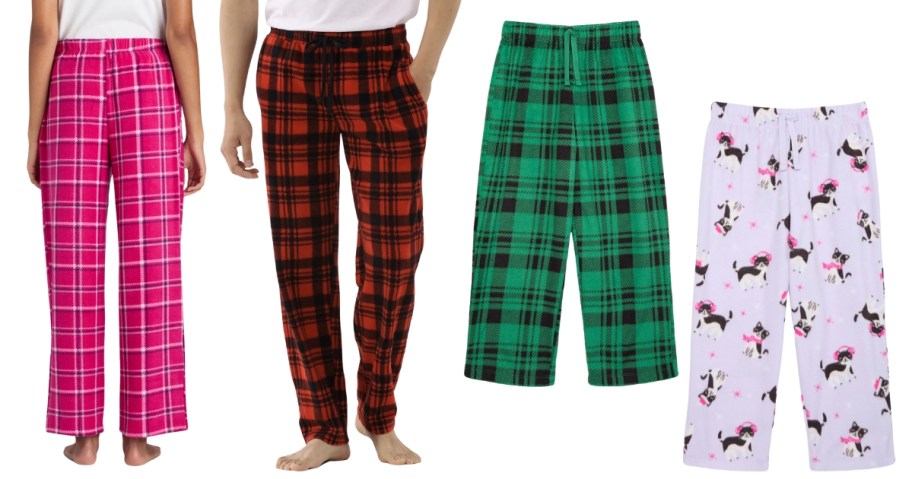 woman and man wearing plaid pajama pants, and then kids pajama pants next to them