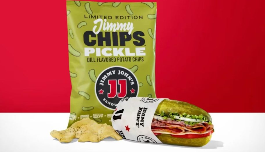 jimmy johns Vito picklewich sandwich shown with a bag of pickle chips 