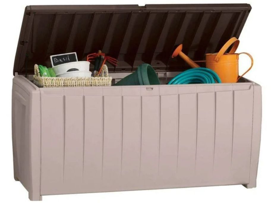 keter 90 gallon deck box open with storage inside