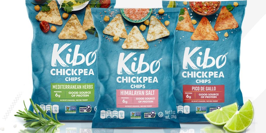 three bags of kibo chickpea chips