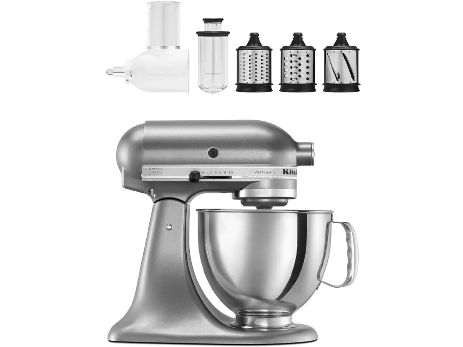 silver kitchenaid mixer with attachments