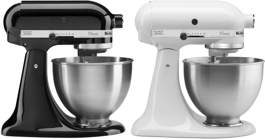 KitchenAid stand mixers in black and white, both have silver mixing bowls in them