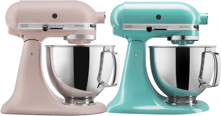 KitchenAid stand mixers in pink and aqua blue, both have silver mixing bowls in them