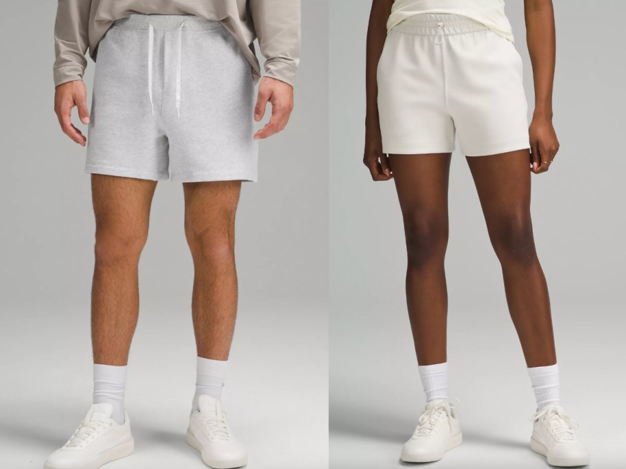 grey mens shorts and white womens shorts