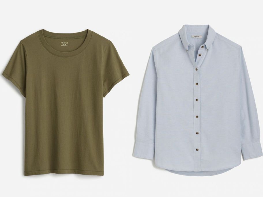 two of madewell shirts on grey background