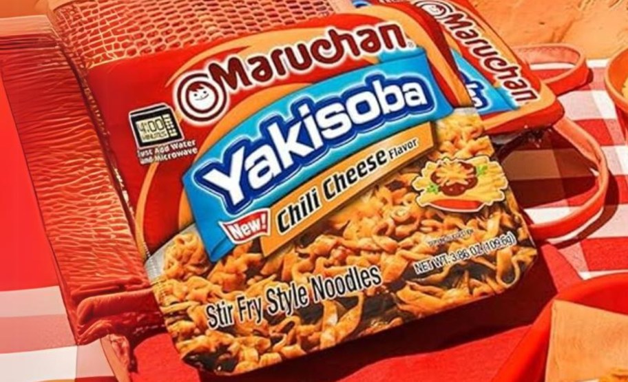 a package of chili cheese yakisoba noodles on a counter top