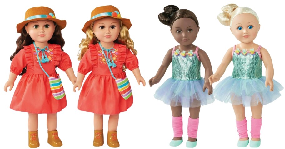 2 dolls wearing orange dresses and straw hats and two dolls wearing ballerina outfits