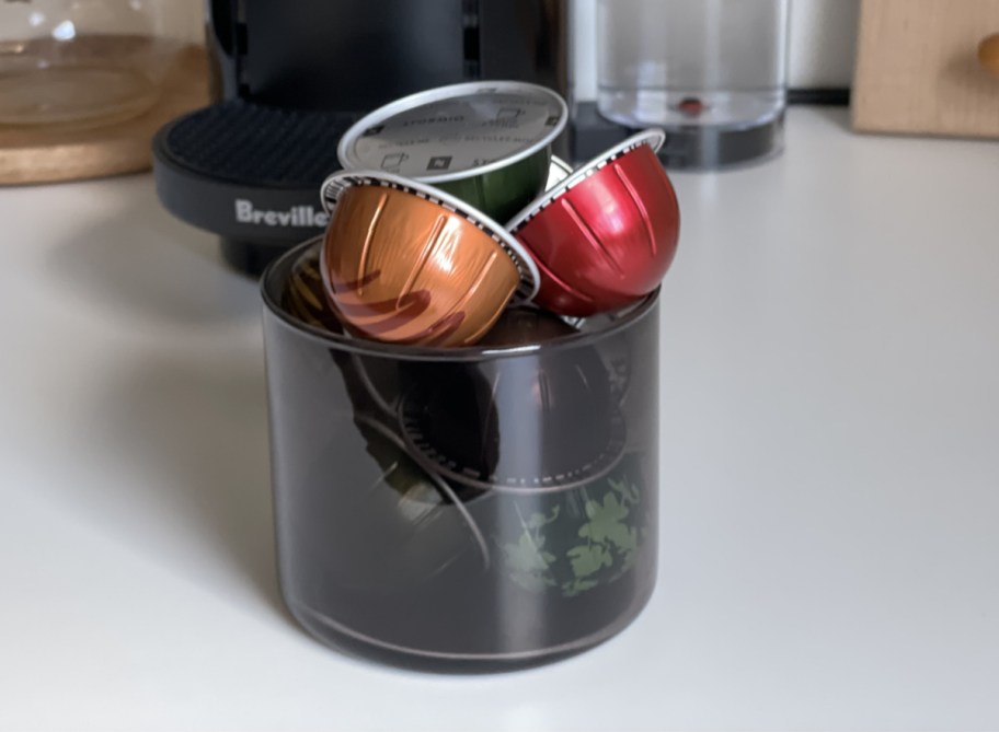 nespresso vertuo pods in container on counter