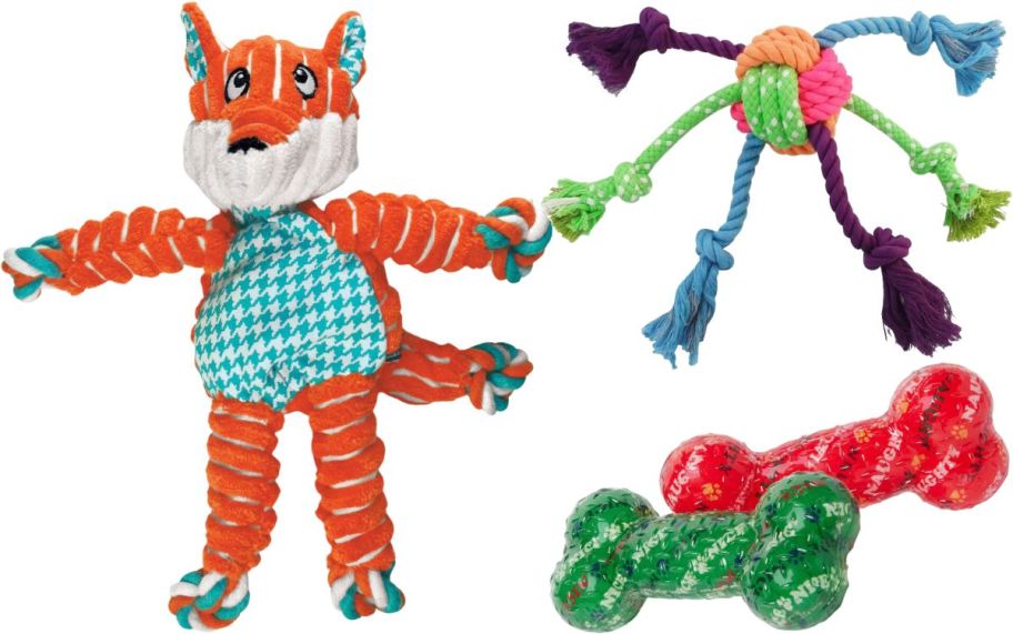 three assorted dog and cat toys