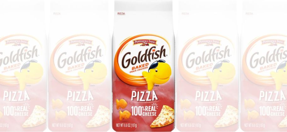 a bag of pizza flavored goldfish crackers stock image