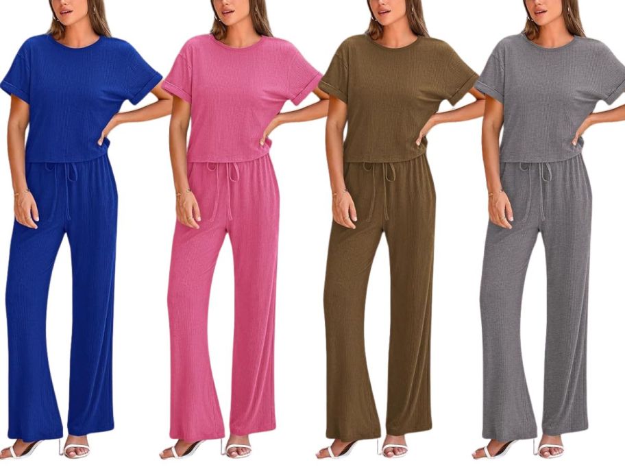four women wearing a blue, pink, brown, and grey PrettyGarden 2-Piece Knit Lounge Set