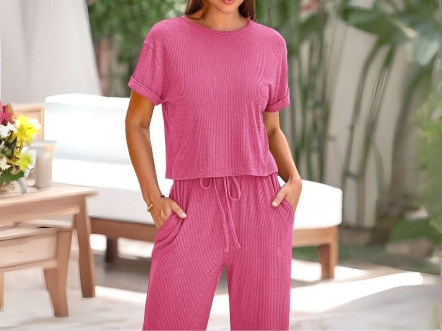 woman wearing pink PrettyGarden 2-Piece Knit Lounge Set on patio
