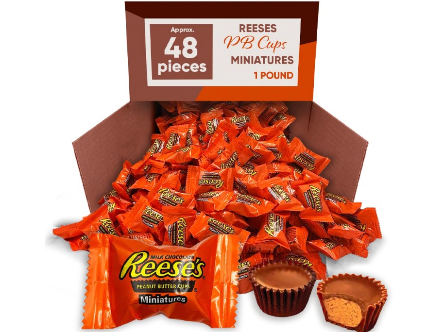 1 pounds of reeses miniatures pouring out of a box