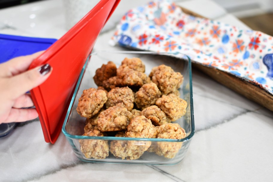 sausage balls in a storage container