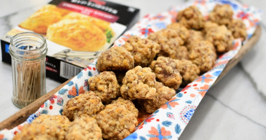 sausage balls in a wood bowl