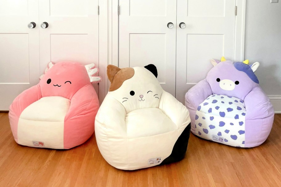 variety of squishmallows chairs in front of white closet doors