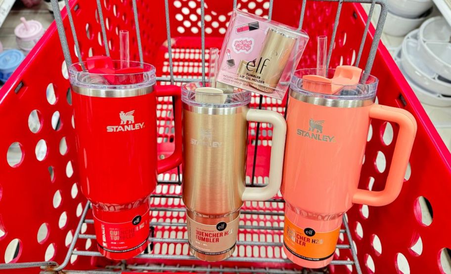 3 stanley elf tumblers in a target shopping cart