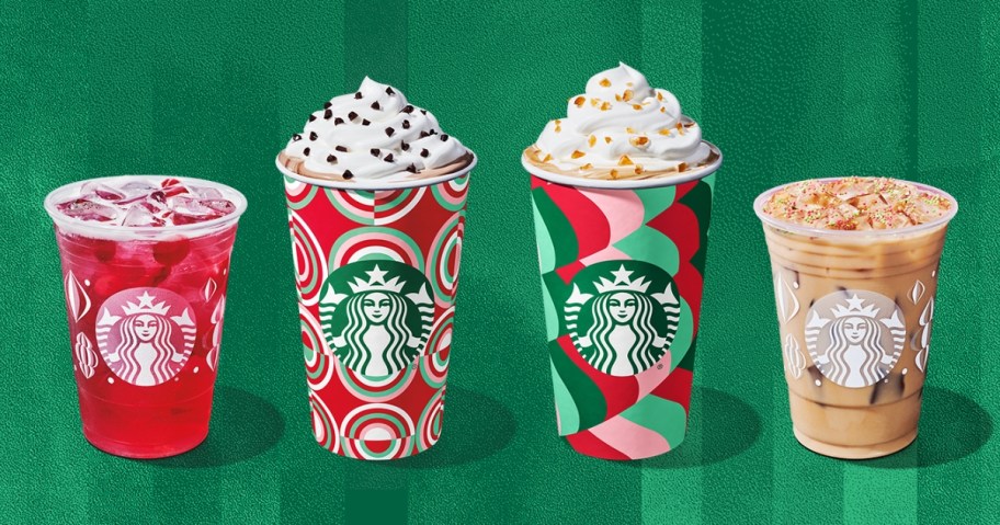 Starbucks seasonal cups with holiday drinks in them on a green background