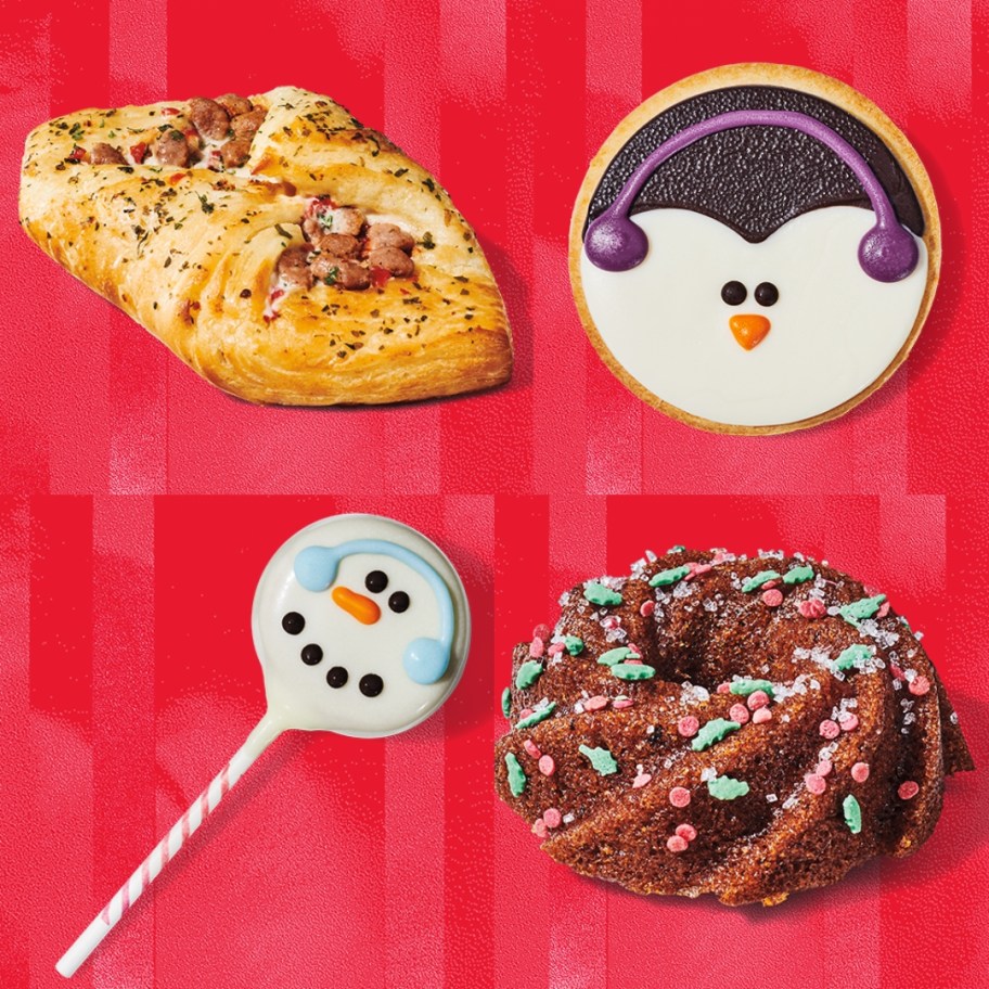 image shows a turkey sage danish, penguin sugar cookie, snowman cake pop, and a chocolate mini bundt cake on a red background