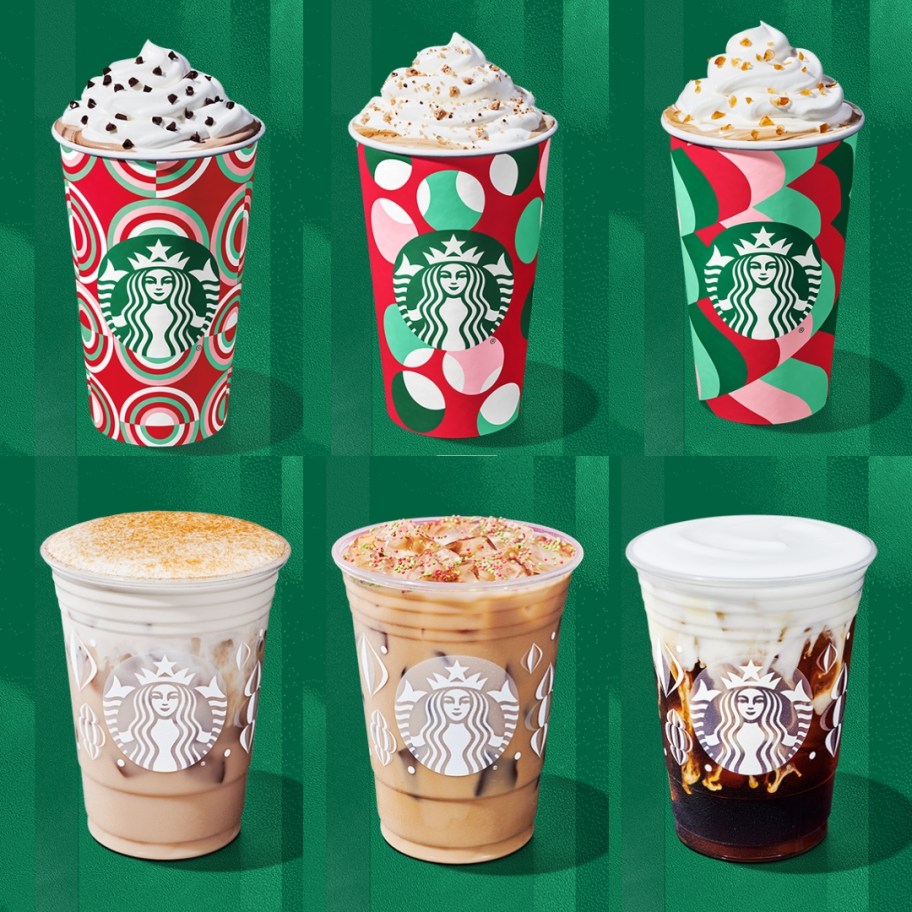 image shows 6 different Starbucks hot coffees, iced coffees, and cold foam coffee in holiday design cups on a green background